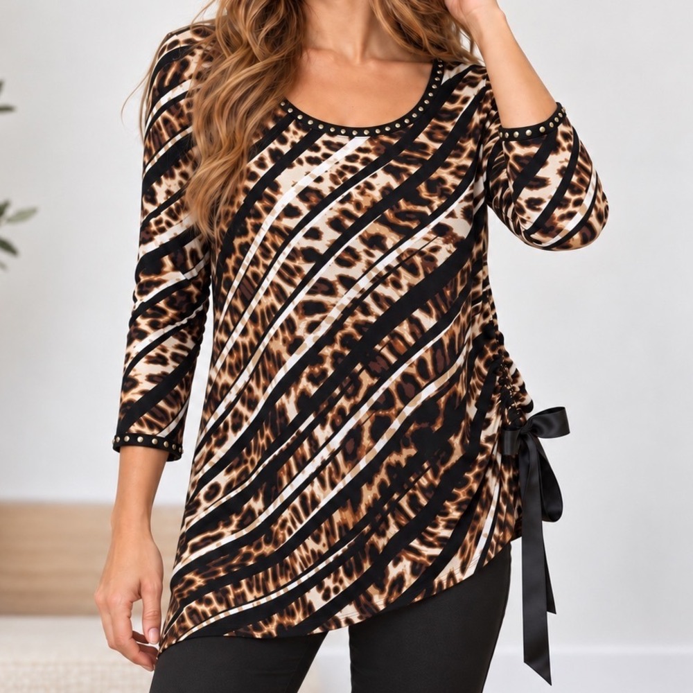 Ruby Rd Leopard Print Asymmetrical Ruched Studded Statement Top XL Glam Mob Wife